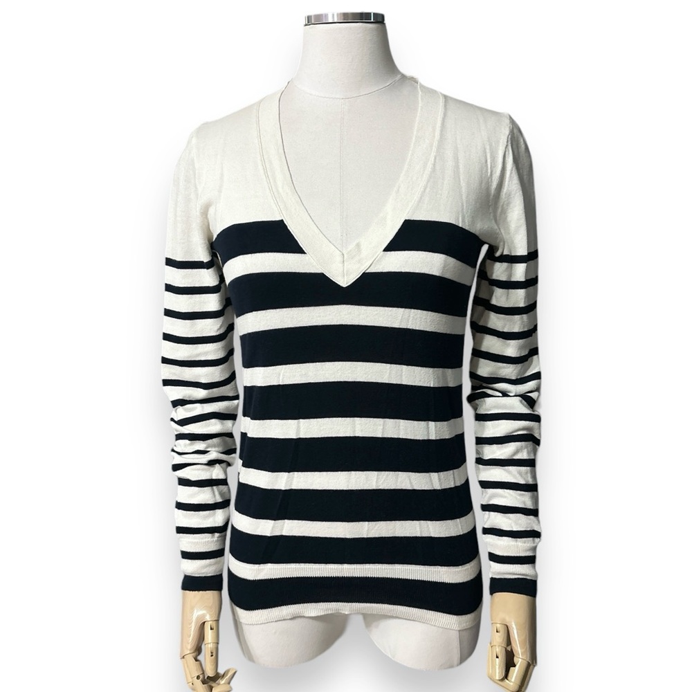 J.CREW Navy & White Lightweight Deep V Neck Variegated Striped Sweater